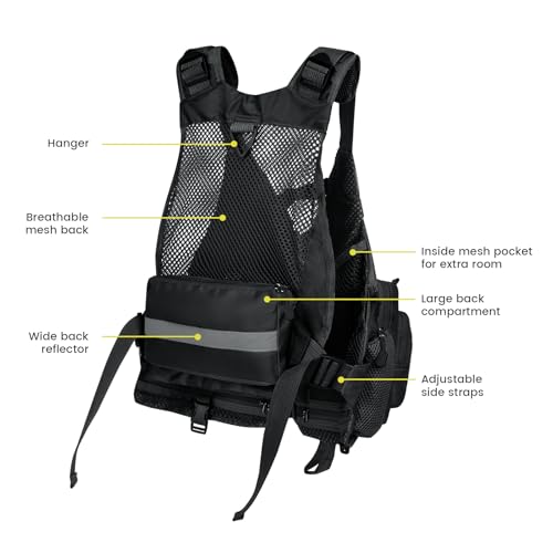 Gonex Fly Fishing Vest for Men Women, Comfortable Adjustable Fishing Vest with Multi-Pockets Reflective Stripes - color: Black
