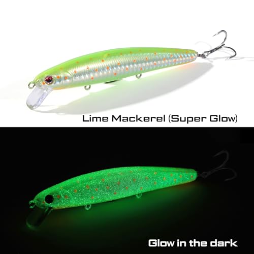LITTMA California Surf Fishing Lures Saltwater Jerkbait Crankbait Surf Minnow 110/125 - Metallic Sardine Super Glow & Pearl Pink Belly Glow Lures for Halibut & Striper Fishing - color: Lime Mackerel (Super Glow), size: 110mm - 5/8oz