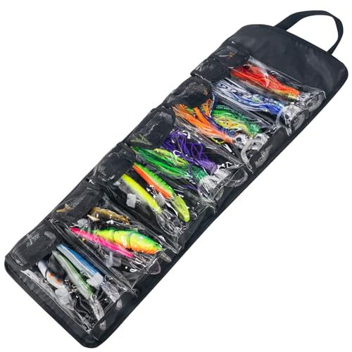 THKFISH Big Bait Bag, Roll-Up Large Trolling Lure Bag for Big Baits with 7 or 8 Heavy Duty PVC Protective Cover Pockets, Mesh Cleaning & Drying Tabs - size: Medium