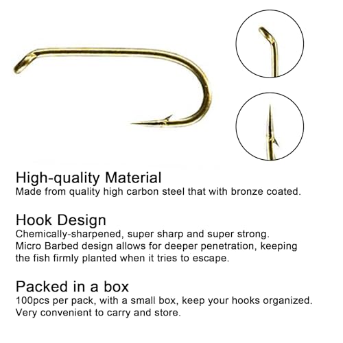Eupheng Fly Fishing Hooks 100pc Pack Micro Barbed High Carbon Steel Bronze Forged for Dry Flies, Curved Nymphs, Shrimp,Caddis Pupa - color: EP FLY-WET-0002, size: #12