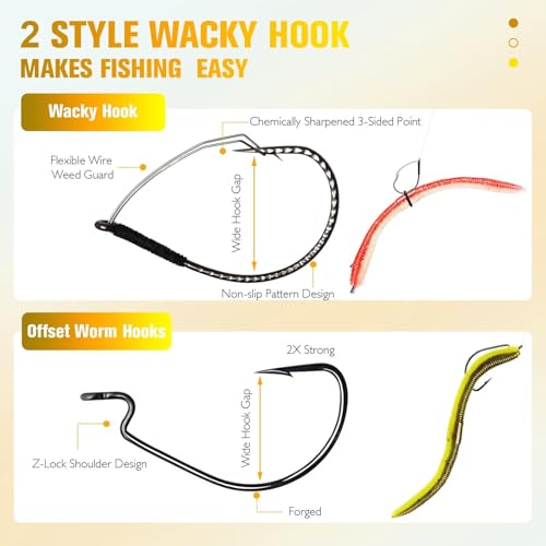 Dovesun Wacky Worm for Bass Trout Fishing Worms Kit with Soft Plastic Baits, Weedless Hooks, Bass Hooks,Weedless Jig Head, Wacky Rig Tool, O-Rings, Weight 152Pcs/131Pcs/50Pcs - color: B-152PCS Wacky Worms & Fishing Hooks Kit