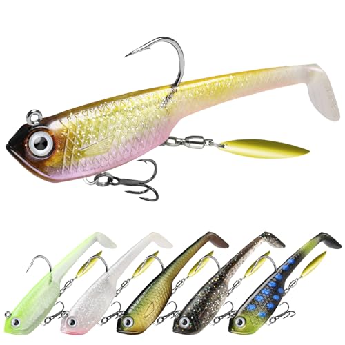 TRUSCEND Shadtale Easy Catch Soft Fishing Lures with BKK Hooks - Trembly Sinking and Vibrating Swim for More Bites, Pre-Rigged Swimbaits for Bass, Trout, Crappie, Walleye, Freshwater Saltwater Fishing - color: C1-3.2"-0.6oz