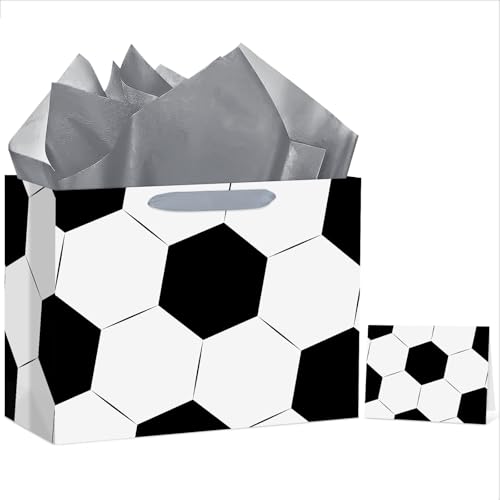 Hooqict Large Soccer Gift Bag Soccer Birthday Gift Wrap Bag with Handles, Tissue Paper, Greeting Cards for Kids Boys Men Sports Themed Goodie Treat Party Favors - color: Soccer