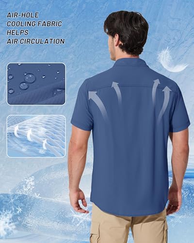 MAGCOMSEN Men's Fishing Shirts UPF 50+ Short Sleeve Sun Protection Shirts Quick Dry Cooling Button Down Shirt Hiking Safari - color: Blue Grey, size: XX-Large