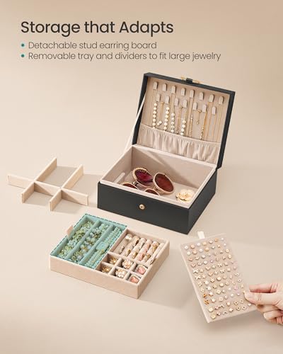 SONGMICS 2-Layer Jewelry Box Organizer, Jewelry Storage Case with Removable Tray and Handle, for Necklaces, Earrings, Rings, Bracelets, 6.7 x 8.1 x 3.7 Inches, Gift Idea, Black UJBC208BZ01S - color: Black