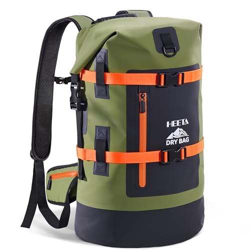HEETA Dry Bags Waterproof Backpack 40L for Men & Women, Roll Top Heavy Duty Cushioned Hiking Backpack for Kayaking Boating Paddle Boarding Fishing Travel Camping Beach Vacation Cruise Ship Essentials - color: Green