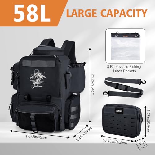 Goture Fishing Backpack, 58L 900D Water-Resistant Insulated Tackle Backpack with Cooler, Rod Holders, 8 Lure Pockets, Detachable Crossbody Bag, Gear Storage Large Fishing Bag for Camping Hiking - color: Black