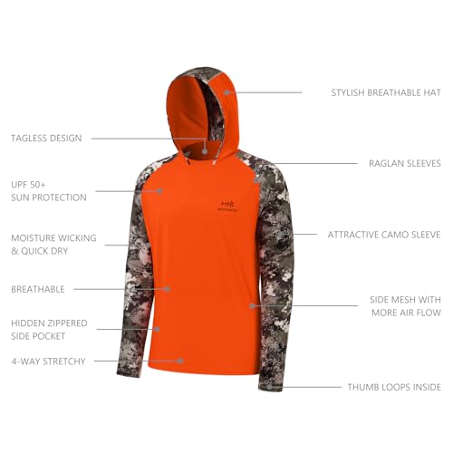BASSDASH Men’s UPF 50 Performance Fishing Shirt Cooling Hoodie Camo Long Sleeve FS17M - color: Blaze Orange/Grunge Camo, size: Medium