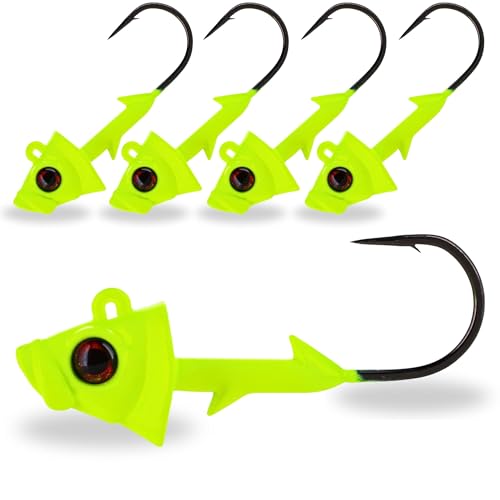 Reaction Tackle Swimbait Jig Heads with Weighted Hook - Realistic Fish Head Lures for Bass and Walleye - Soft Plastic Swimbait Heads for Freshwater and Saltwater (5-Pack) - color: Chartreuse, size: 1/4 Oz