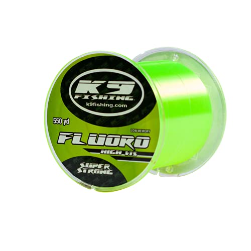 K9 Hi-Vis Original Fluoro Fishing Line, Chartreuse Fluorocarbon Blend, Reacts Under UV Blacklight, Night Fishing & Line Watching, 550 Yd, 8 lb