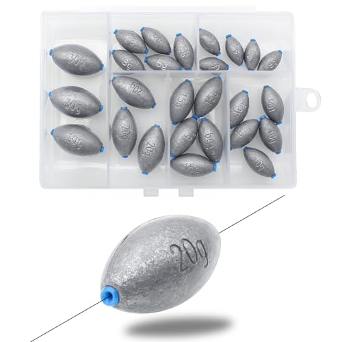 Egg Fishing Sinkers Weights Assortment, 26pcs 5/6 Size Bullet Fishing Weights Lead Oval Shape Bass Casting Worm Bullet Tackle for Saltwater Freshwater Fishing - size: 6 sizes-26pcs
