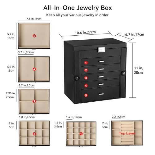 Frebeauty Large Jewelry Box,6-Tier PU Leather Jewelry Organizer,Multi-functional Storage Case with Mirror,Accessories Holder with 5 Drawers for Necklace Bracelets Watches(Black) - color: Black, size: Large