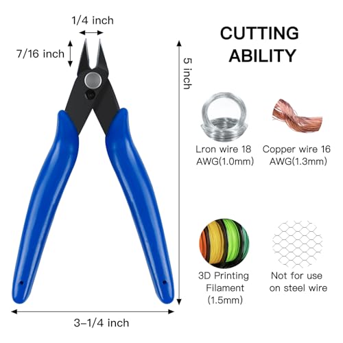 HongWay 5pcs Micro Flush Cutters With Internal Spring, 5 Inches Blue - Side and Diagonal Cutters for Electronics, Heating Wire, Model Sprue, Soft Copper Wire Snips - color: Blue