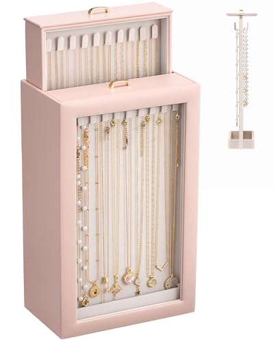 Lolalet Upgraded Double-Sided Hanging Necklace Organizer Box, Jewelry Display Case with Double-Sided Clear Window for Necklaces Bracelets, Tangle-Free Necklace Storage Box, Pink, 2-Layer 40 Hooks - color: Pink, size: 2-Layer, 40 Hooks