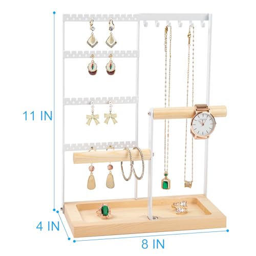 Jewelry Organizer Stand, Jewelry Holder, Lengnoy 4 Tier Earring Holder with 48 Holes and 6 Hooks Necklace Organizer Wood Box for Necklace Bracelet Earring Ring, White - color: White, size: 11 IN