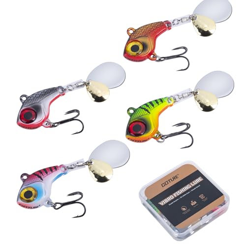 Goture Fishing Lures VIB Tail Spinners Bait Set, Two-Way Spinning Spoon System with Kona Treble Hook, Fixed Tube Anti-Tangle, 3D Eyes Sinking Lures with Tackle Box, Fishing Jigs Fishing Spinner Blade - color: 1/2 oz - 4 Pcs with Box