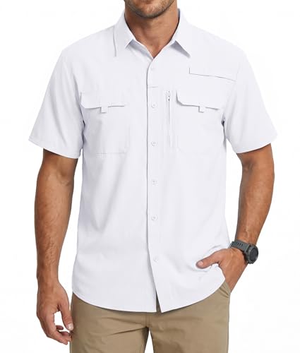 WULFUL Men's Sun Protection Fishing Shirts UPF 50+ Lightweight Quick Dry Cooling Short Sleeve Shirts for Work Hiking Safari - color: White, size: Small
