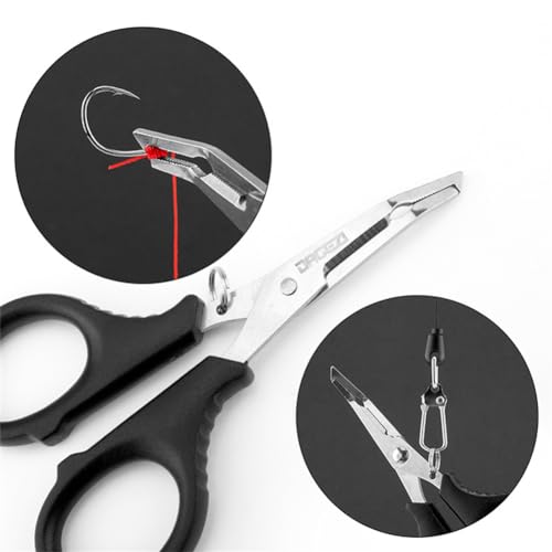 Multifunctional Fishing Plier Fish Hook Remover Cutter Scissors with Hooked Tip Practical Fishing Tool Durable Stainless Steel Fish Hook Remover Multifunctional Fishing Tool Accessory, Black