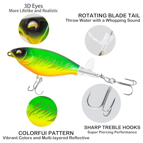 5Pcs Topwater Fishing Lures with Bait Box, Whopper Popper with Rotating Tail Treble Hooks, Plopper Floating Lure for Bass Crappie Walleye Catfish Pike Perch, Freshwater or Saltwater - size: 0.2oz Medium