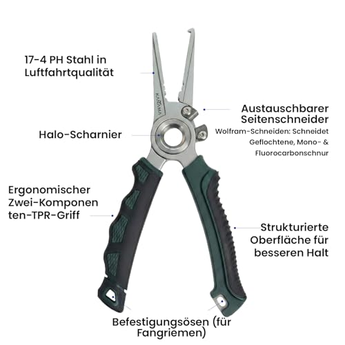 KANAMA 17-4 Stainless Steel Fishing Pliers, 7.5 Inch Rust Saltwater Fishing Pliers with Split Ring, Fish Hook Remover with Tungsten Carbide Braid Cutters, Non-Slip Handles Fishing Gifts for Men