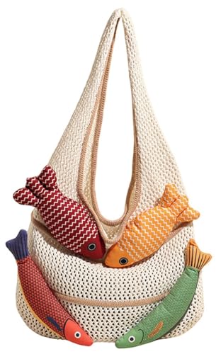 Knitted Beach Shoulder Bag for Women 3D Fish Bohemian Tote Versatile Purse Soft Hobo Handbag for Summer Vacation 2026 - color: B Khaki