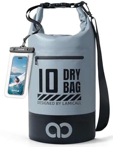 Lamicall Waterproof Dry Bag with Phone Pouch - 5L/10L/20L/30L/40L Floating Roll Top Backpack for Kayaking Boating Beach Camping Fishing - Heavy Duty 500D PVC Marine Dry Sack for Men, Women, Grey 10L - color: Blueish Gray, size: 10L