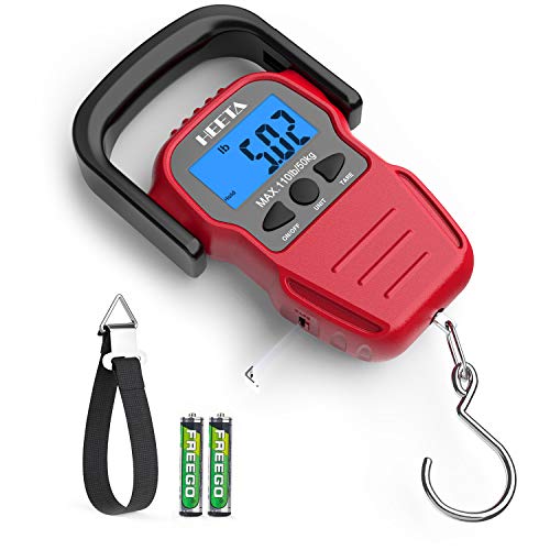 HEETA Fish Scale with Backlit LCD Display, Up to 110lb/50kg Digital Portable Hanging Fish Weight Scale with Hook & Measuring Tape for Home, Farm, Outdoor, Hunting, Fishing, 2 AAA Batteries Included - color: Red