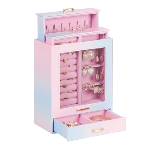 Homde Jewelry Organizer Girls Women Jewelry Box for Necklaces Rings Earrings Gift Bracelets Storage Case (Blue - Pink Gradient + Gold) - color: Blue - Pink Gradient + Gold