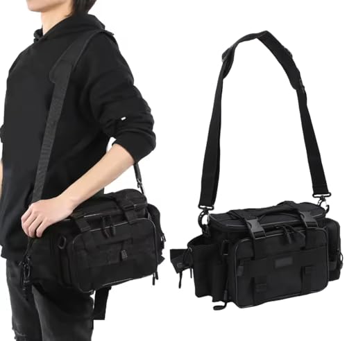 Fishing Tackle Bag with 2 Storage Boxes - watertight Shoulder Bag with Adjustable Straps, 23-Tray Organizer for Lures, Hooks & Fishing Gear Accessories (Black) - color: Black