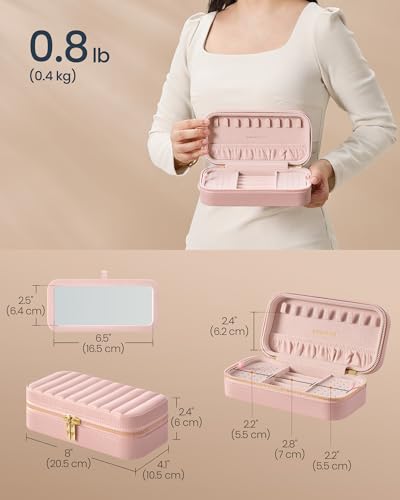 SONGMICS HOME Travel Jewelry Case, Travel Jewelry Box Organizer with Mirror, 4.1 x 8 x 2.4 Inches, Stitching, Portable, Gift Idea, Jelly Pink UJBC180S01 - color: Jelly Pink, size: 8"W