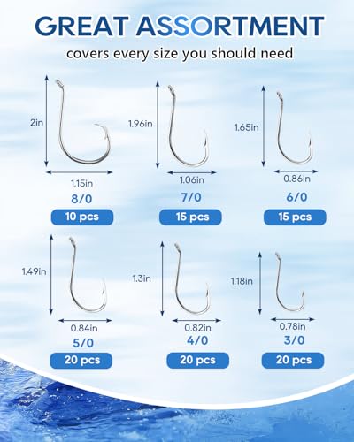 UCEC Circle Hooks Fishing Hooks 2X Strong Offset Circle Hooks Saltwater Black High Carbon Steel Octopus Catfish Hooks Fishing Gear Tackle 150pcs/ 240pcs - Size:#1 1/0 2/0 3/0 4/0 5/0 6/0 8/0 - color: Silver Assortment, size: 100pcs,3/0 4/0 5/0 6/0 7/0 8/0
