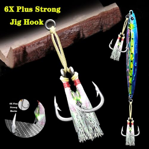 4 Pairs Fishing Double Barbed Jig Hook Kevlar Line 6X Extra Strong Slow Fast Jigging Assist Saltwater Hooks Jigs Lure Circle Hook 4/0