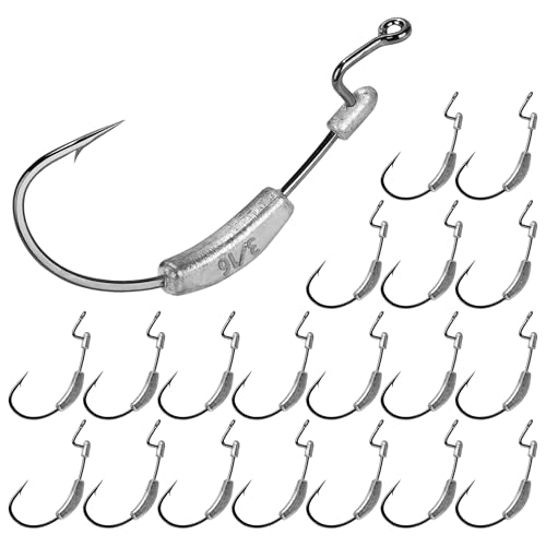 15 Pcs Weighted EWG Worm Hook, Weedless Fishing Swimbait Hooks Bass Fishing Freshwater Saltwater Assorted 1/8oz 3/16 1/4oz - size: 3/16oz-20pcs