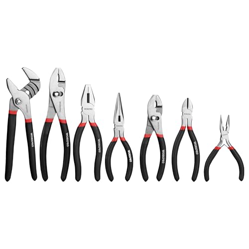 WORKPRO 7-piece Pliers Set, Black | Groove Joint Piler, Long Nose Piler, Slip Joint Piler, Linesman Piler, Diagonal Pliers for DIY & Home Use - color: Red, Black