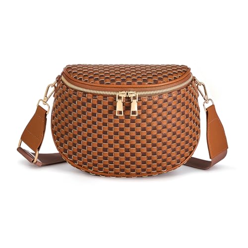 Woven Vegan leather Crossbody Bags For Women, Checkered Fashion PU Bum Bag Waist Pack, Travel Sling Purse with Adjustable Strap（Brown and Caramel) - color: Brown and Caramel