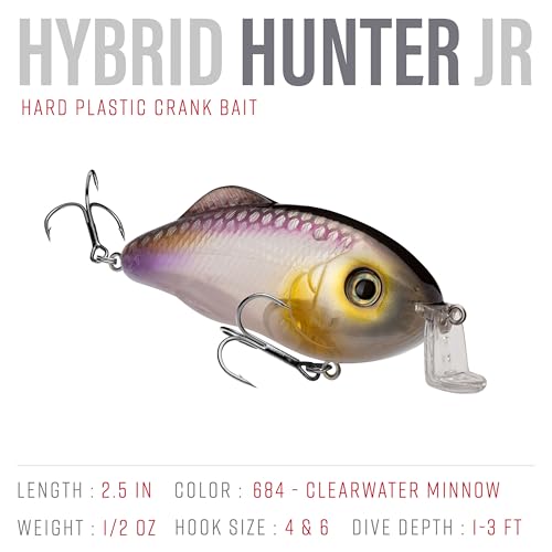 Strike King Hybrid Hunter Shallow Jr. Fishing Lure, Shallow Diving Crankbait, 90-Degree Bill, 3D Eyes, Loud Rattle, Dives 1 to 3-Feet,Size 4 & 6 Treble Hooks - color: Clearwater Minnow, size: 1/2 oz