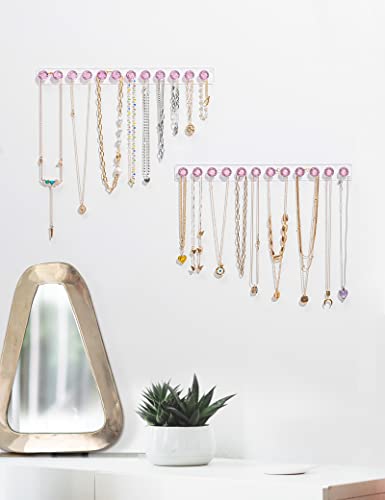 Acrylic Necklaces Holder Wall Mounted Necklace Hangers Hanging Jewelry Organizer with 12 Hooks, Clear Jewelry Hangers for Necklace Organizer for Girls Women, Necklace Hooks for Wall (Pink, 2 Pack) - color: Pink – 2Pack