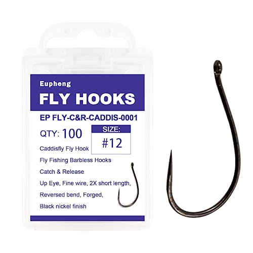 Eupheng Fly Fishing Hooks 100pc Pack Barbless Catch & Release Dry Wet Nymph Shrimp&Pupa, Streamer, Caddis, Jig, Scud Flies Fishing Hooks - color: EP Fly-C&R-CADDIS-0001, size: #12