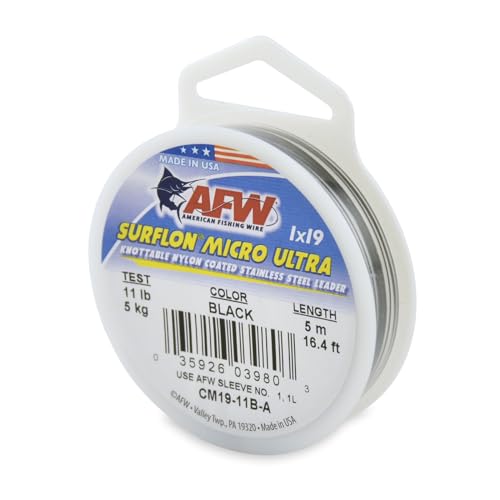 American Fishing Wire Surflon Micro Ultra Nylon Coated 1x19 Stainless Steel Leader Wire - Knottable Fishing Leaders Saltwater & Fly Fishing, 6lb Test - 61lb Test, Bright, Black & Camo Colors - color: Black, style: 5 Meter, 11 Pound Test