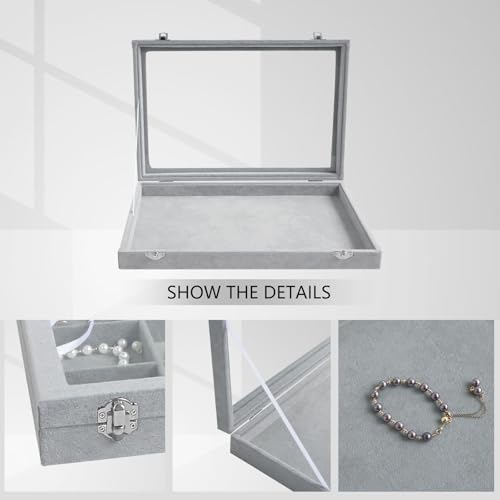 Wudygirl Velvet Jewelry Organizer Empty Jewelry Tray Organizer Jewelry Box Storage Case Display Necklaces Earring Stackable Tray Containers Clear Lid (DIY Box) - color: Gray, size: Empty