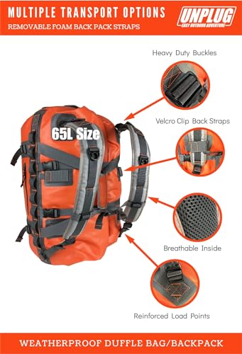 UNPLUG Ultimate Adventure | 1680D Heavy Duty Waterproof Bag | Large Travel Bag which can be Used for Camping, Motorcycling, Boating, or Hunting| 65L Adventure Orange - color: Adventure Orange, size: 65L