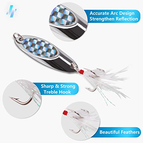Fishing Lures Casting Spoon Lure, 5pcs Hard Metal Spoon Fishing Lures for Trout Bass Crappie Pike Walleye Saltwater Freshwater Fishing Gear 3/16oz-2oz - color: Silver-feather, size: 1/4oz(7g)