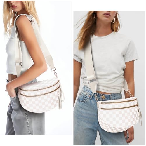 Checkered Crossbody Bum Bags for Women Nylon Checkered Purse Checkerboard Fanny Pack - color: F01-white