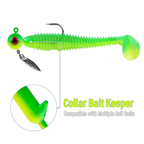 Dr.Fish 10 Pack Underspin Jigs Heads Freshwater Fishing Jig Spinner Stand up Swimbait Bass Walleye Fishing Hooks Willow Blade Round Bottom - color: Fluorescent Yellow, size: 3/16oz