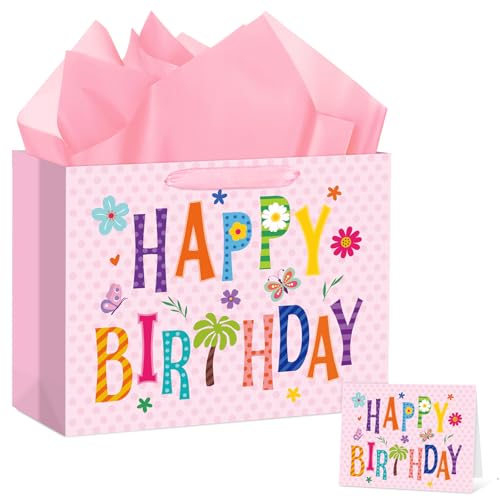 Hooqict Large Pink Gift Bag Happy Birthday Gift Wrap Bag with Handles, Tissue Paper, Greeting Cards for Kids Girls Women Pink Birthday Party Mom Mothers Day Bags - color: Pink Happy Birthday