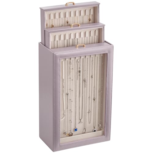 Lolalet Necklace Organizer Box, Jewelry Storage Box with Clear Window for Necklaces Bracelets, Tangle-Free Necklace Display Case for Women Girls, Dusty Purple, 3 Layers 30 Hooks - color: Dusty Purple, size: 3 Layers, 30 Hooks