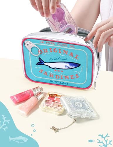 Cessfle Canned Sardines Makeup Bag, Funny Sardine Tin Fish Cosmetic Bag, Creative Cute Makeup Bag Kawaii Pencil Case Pouch, Coquette Make up Pouch for Women… - color: Blue mix Pink