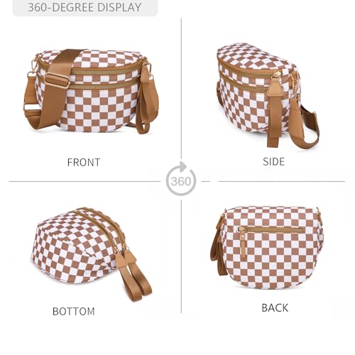 Pure Colour Crossbody Bum Bags for Women Spacious Checkered Cross body Bag Nylon Trendy Fanny Pack for Travel - color: Brown Checkered