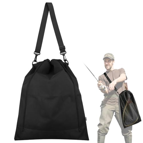 Fly Fishing Net Storage Bag - Foldable Landing Net Organizer Pouch Portable Trout Landing Nets Carrying Case with Adjustable Shoulder Strap and Drawstring Closure, Bag Only