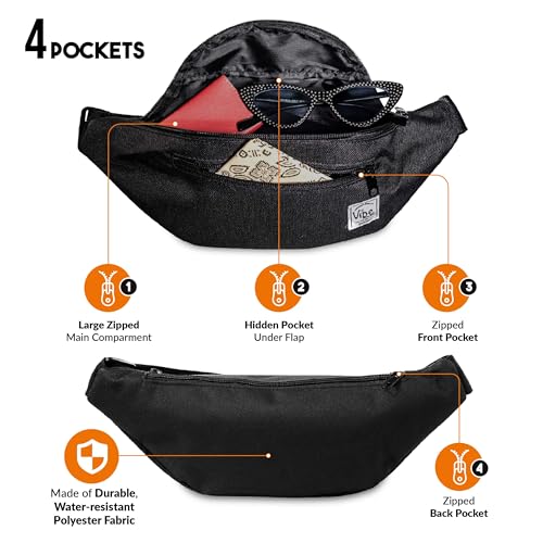Vibe Festival Gear Rave Fanny Pack for Women Men – Festival, 4 Pockets, Adjustable Strap, Cute Waist Bag, Crossbody Belt Bag, Hiking, Running, Cycling - color: Black, size: Fits Most